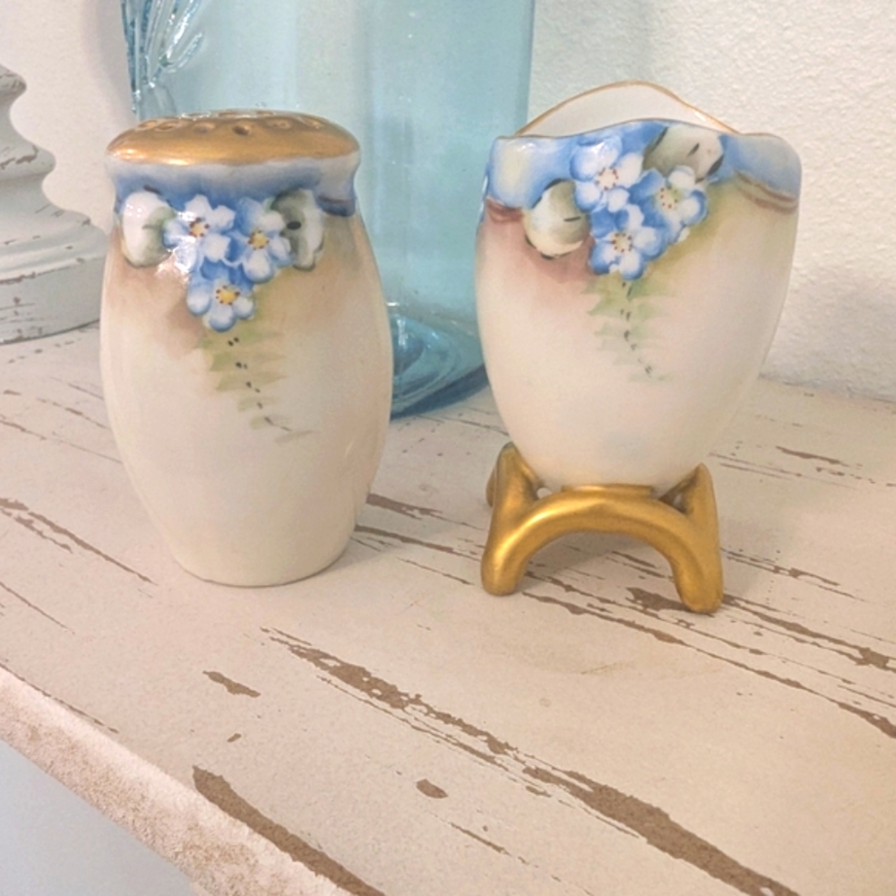 Antique "Bavaria" 1900's hand painted Forget Me Not" floral pieces with gold